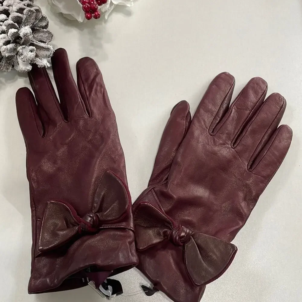 Bruno Magli Cashmere Lined Leather‎ Bow Gloves Burgundy XL Retails: $195